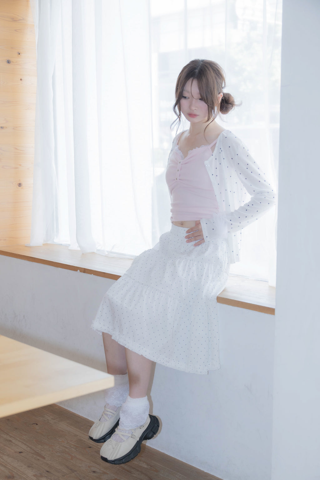 ribbon sleeve cardigan(whitedot)