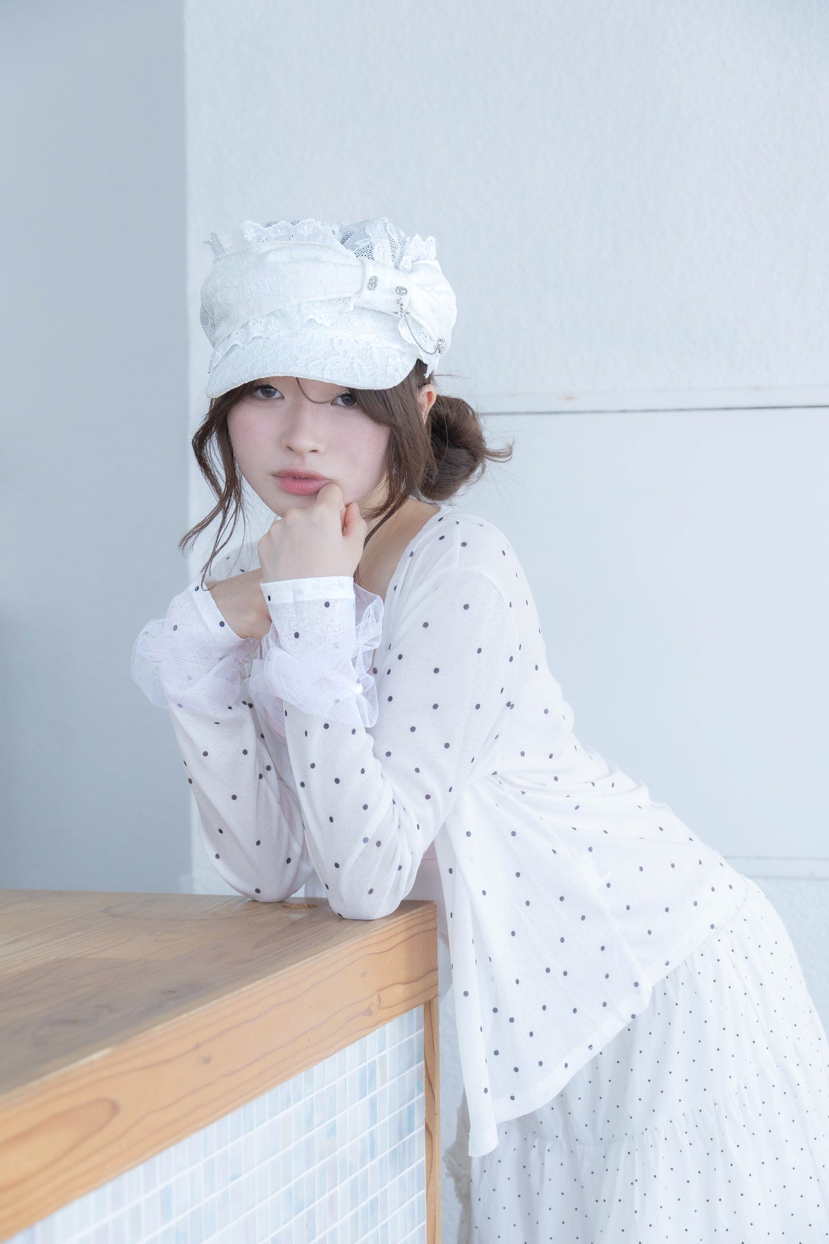 ribbon sleeve cardigan(whitedot)
