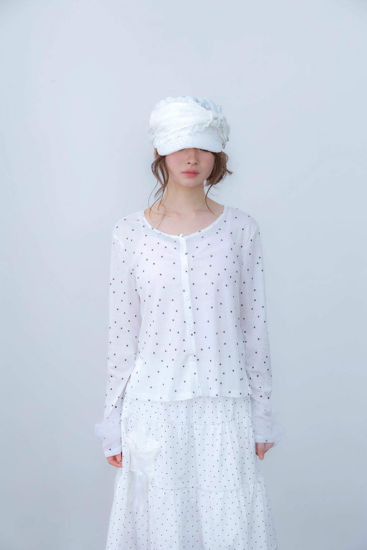 ribbon sleeve cardigan(whitedot)