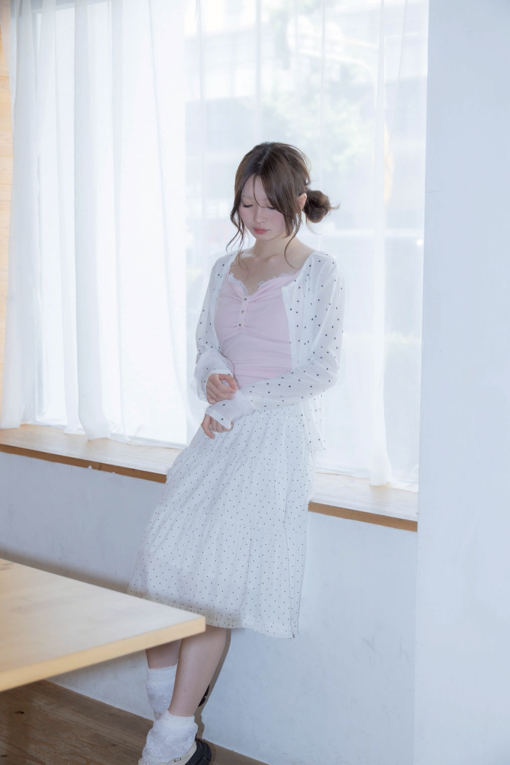 ribbon sleeve cardigan(whitedot)