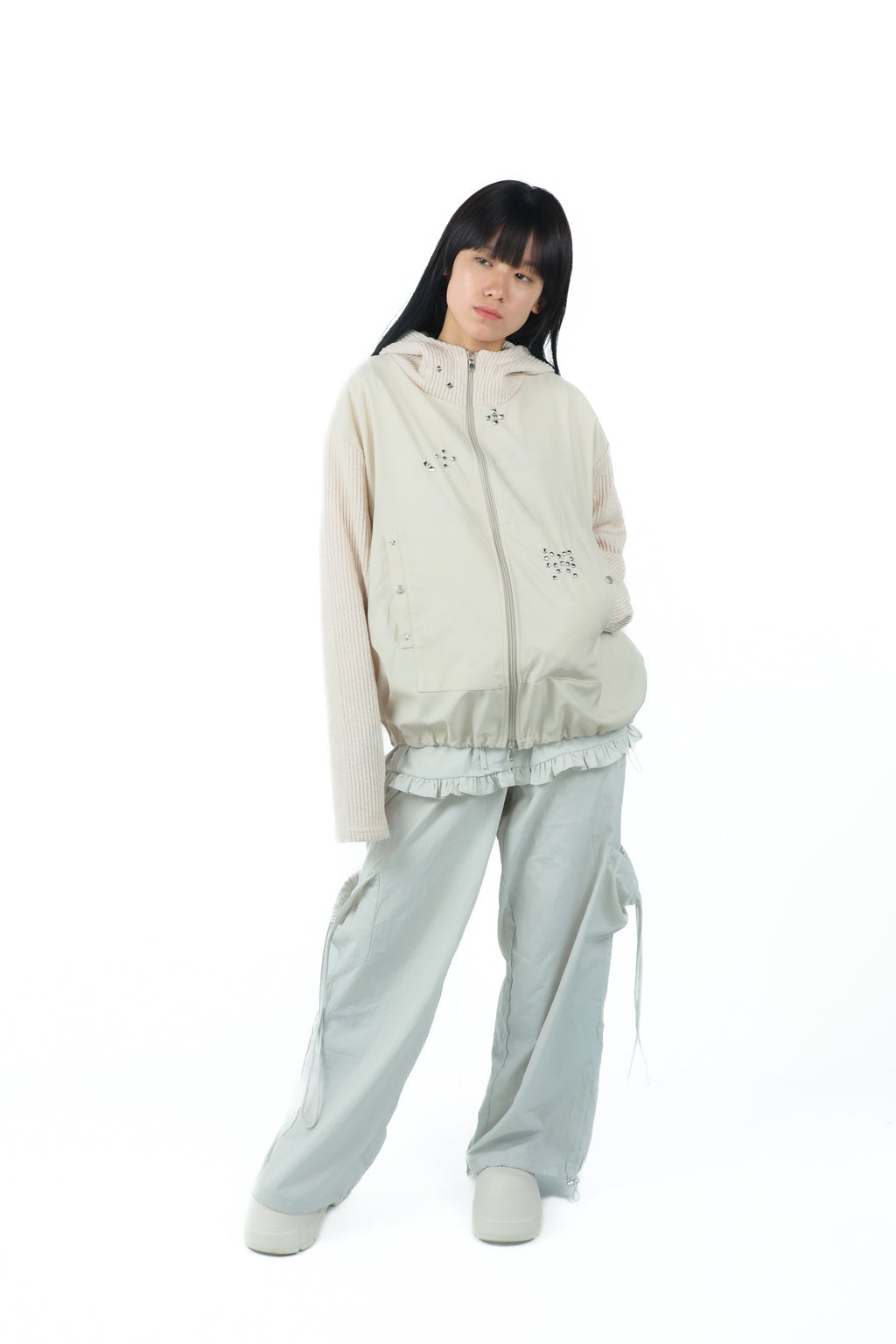 studs nylon knitzip hoodie(white)
