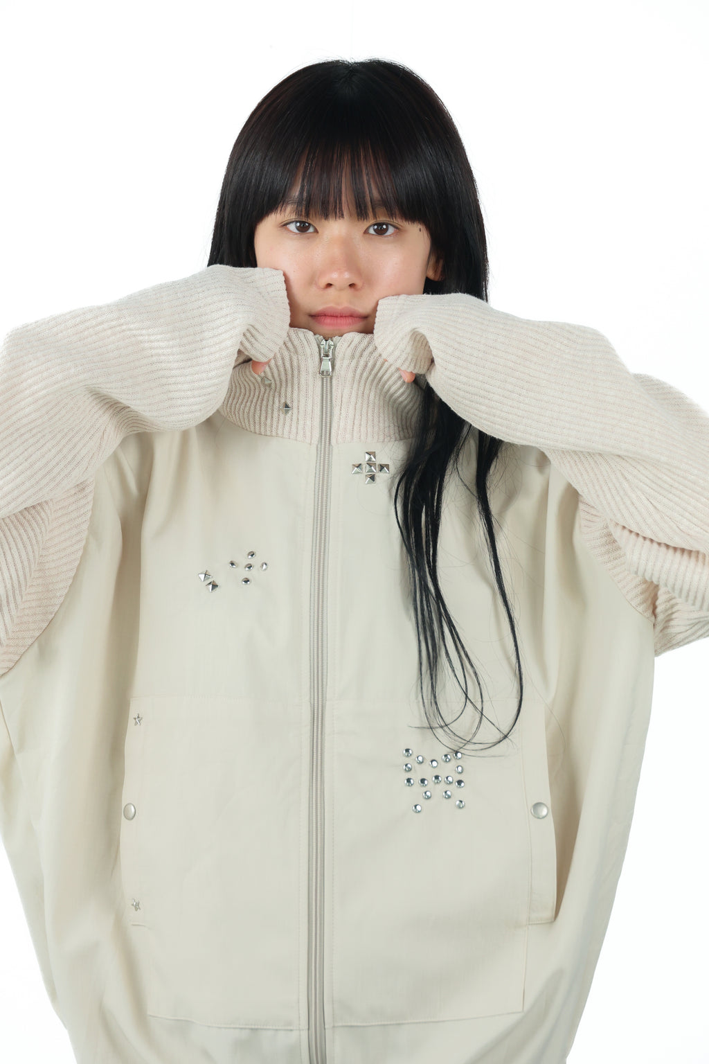 studs nylon knitzip hoodie(white)