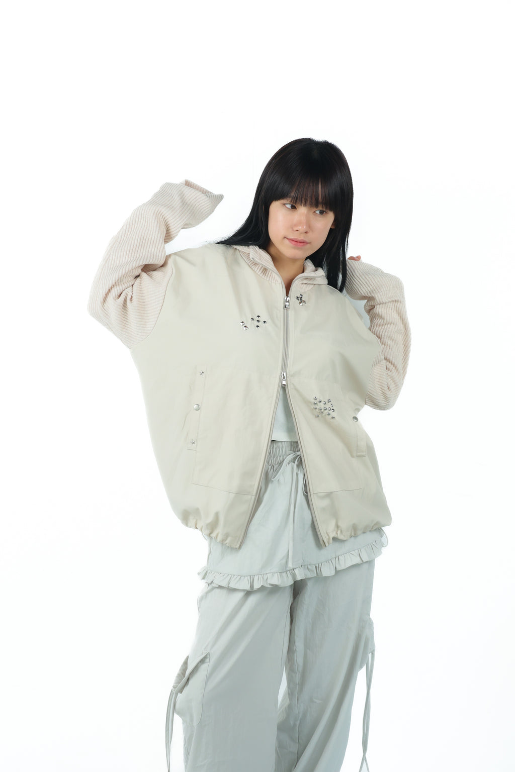 studs nylon knitzip hoodie(white)