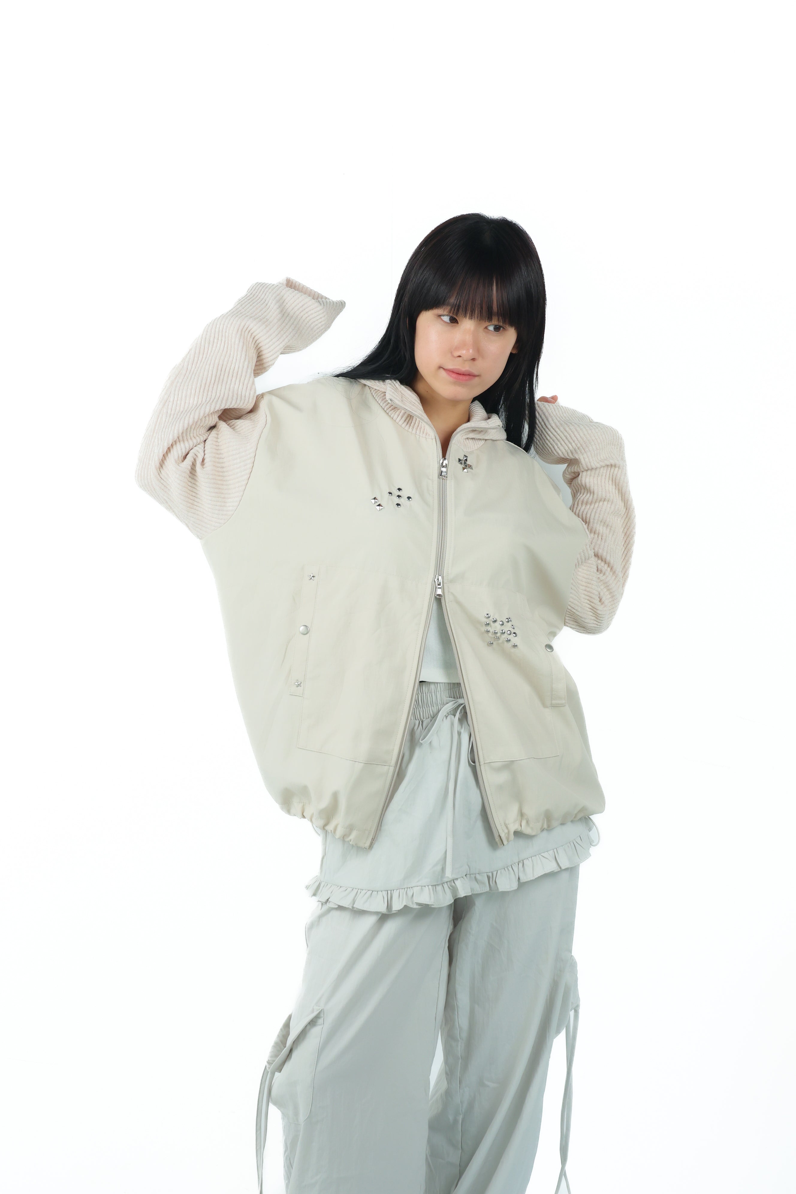studs nylon knitzip hoodie(white)