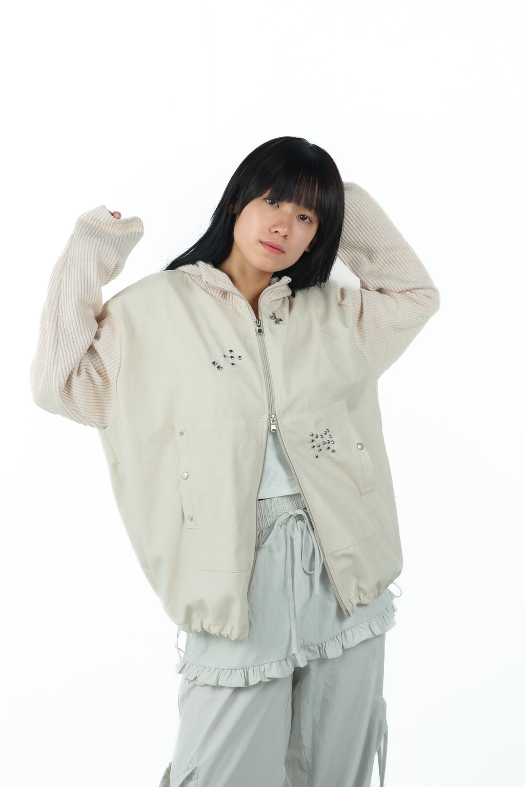 studs nylon knitzip hoodie(white)