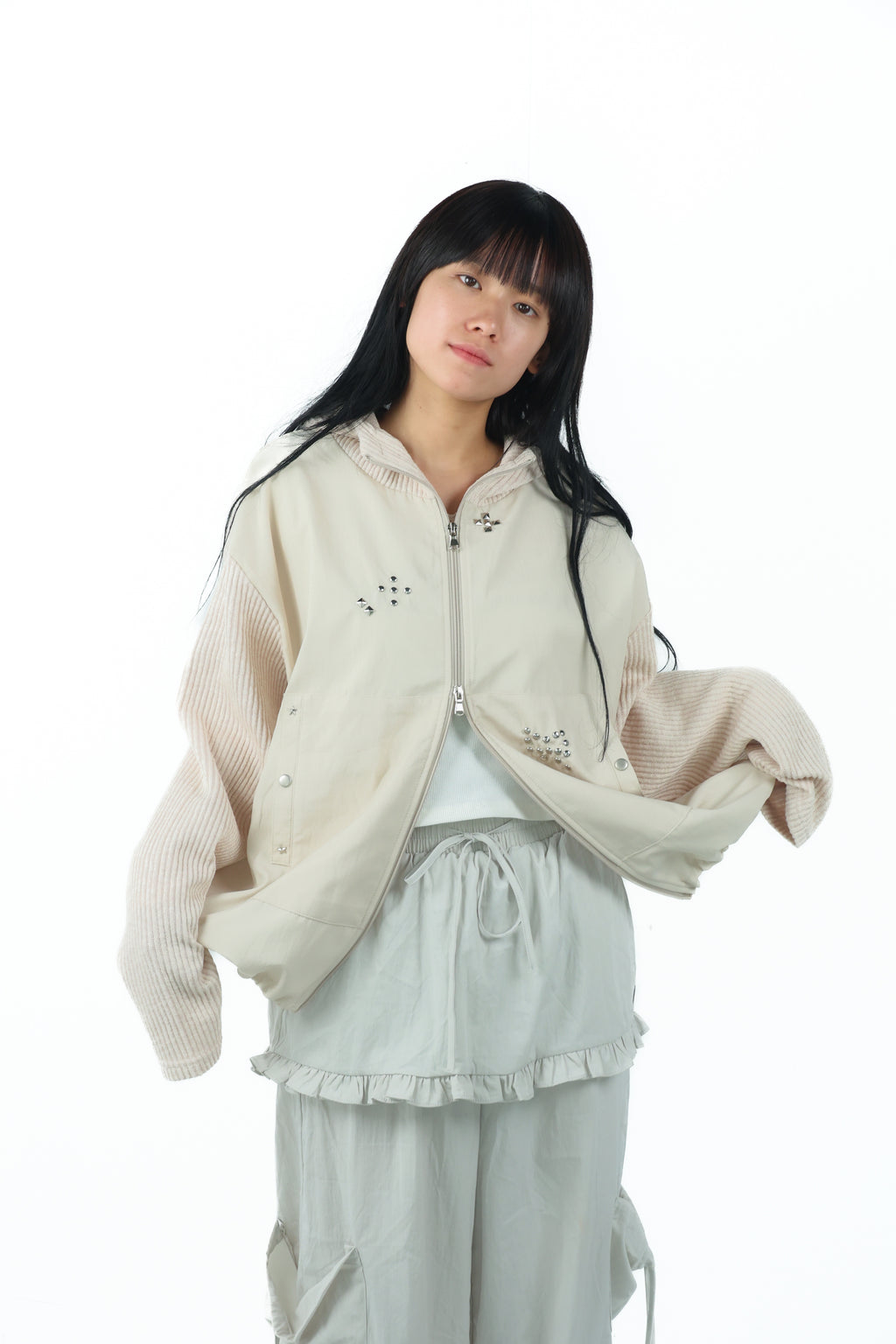 studs nylon knitzip hoodie(white)