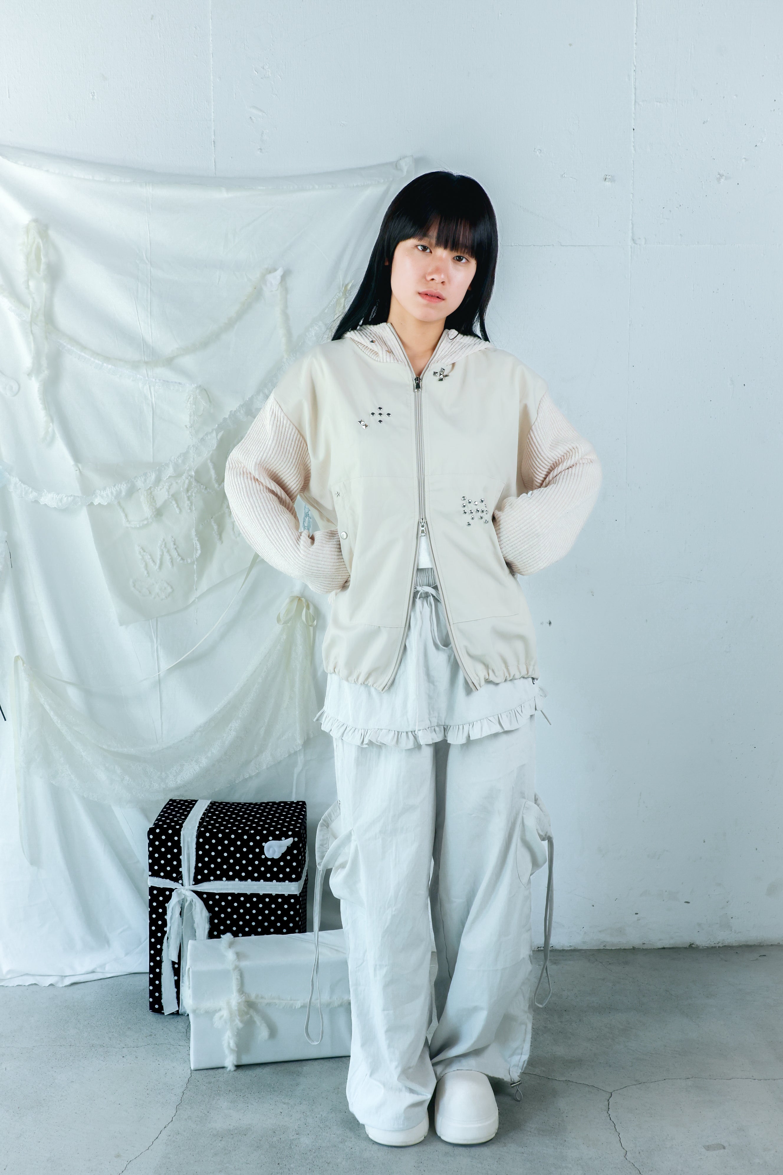 studs nylon knitzip hoodie(white)