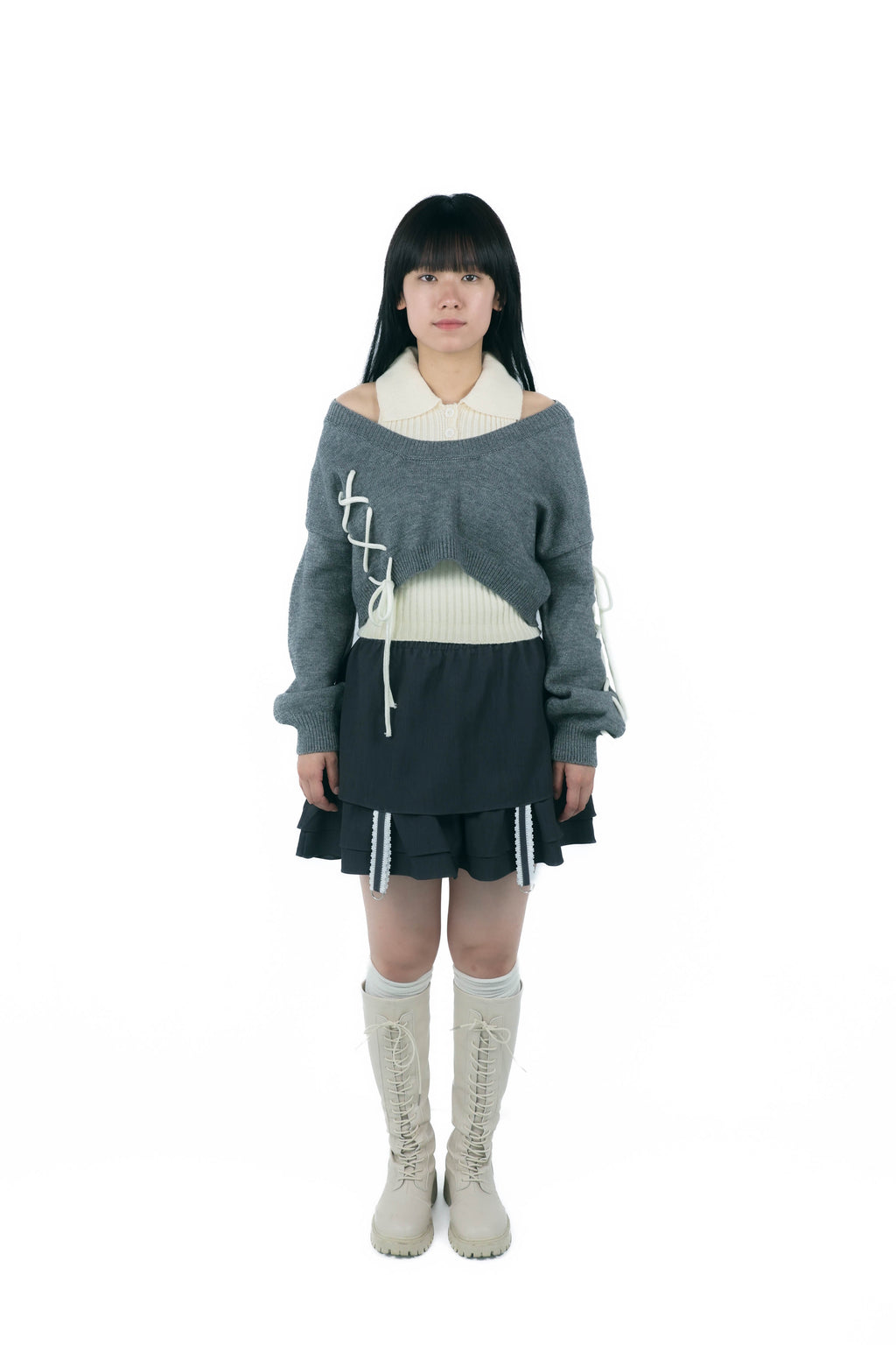 laceup ribbon knitset(gray)