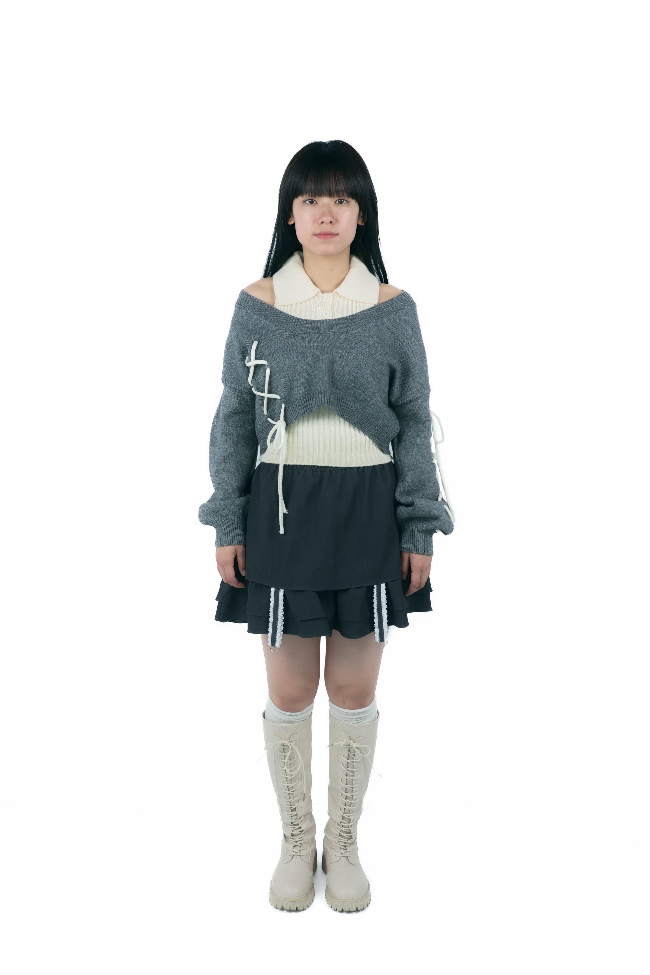 laceup ribbon knitset(gray)