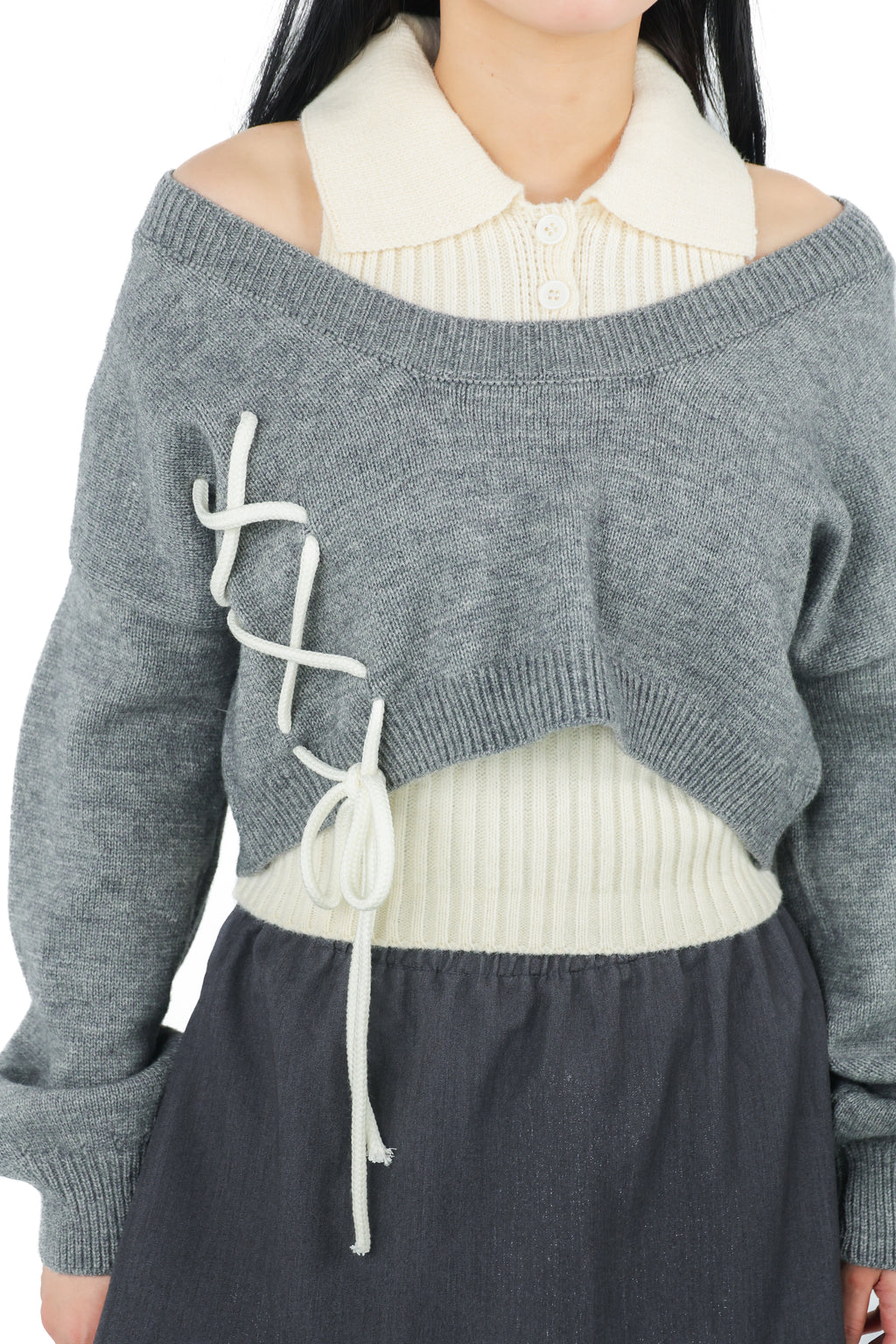 laceup ribbon knitset(gray)