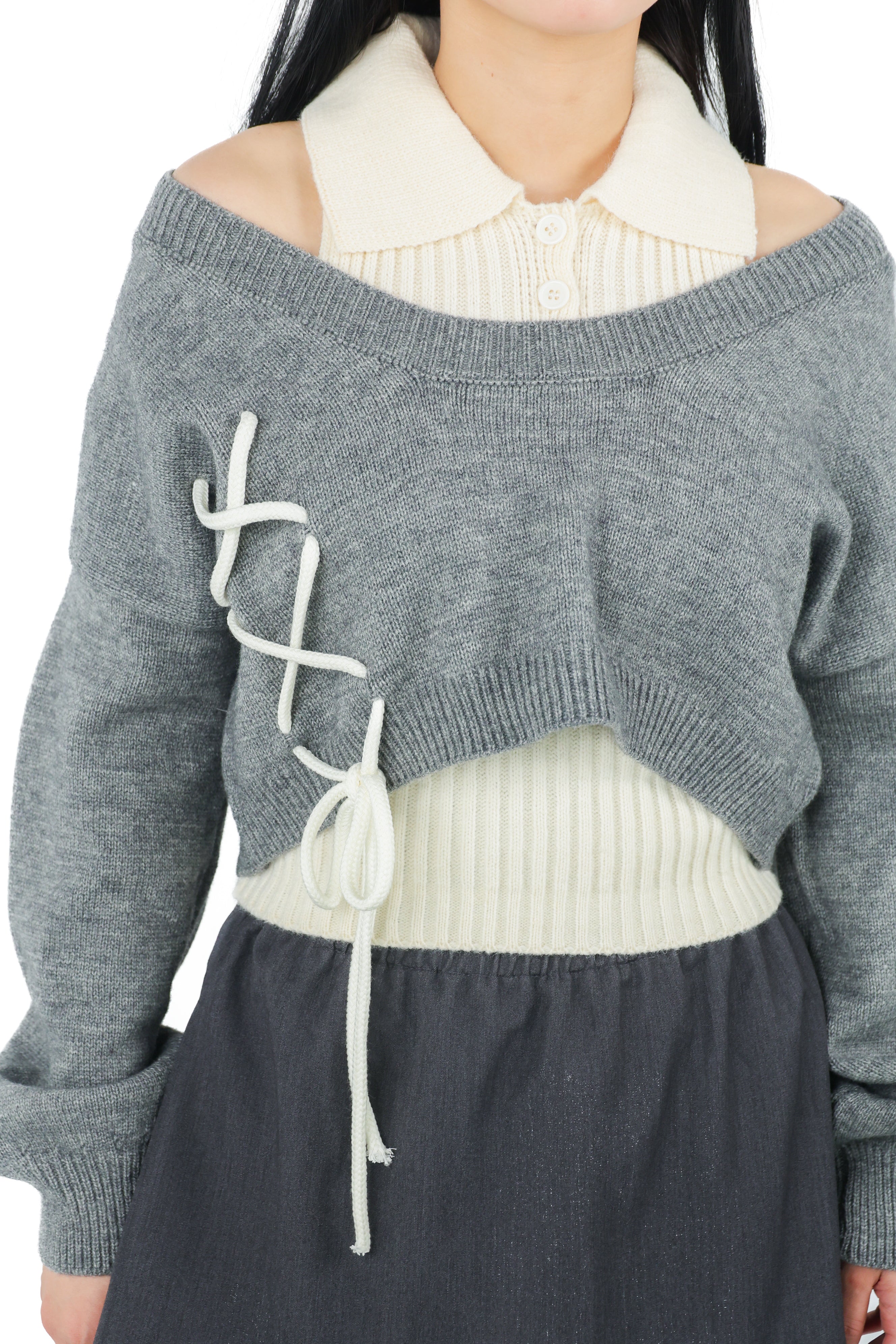 laceup ribbon knitset(gray)