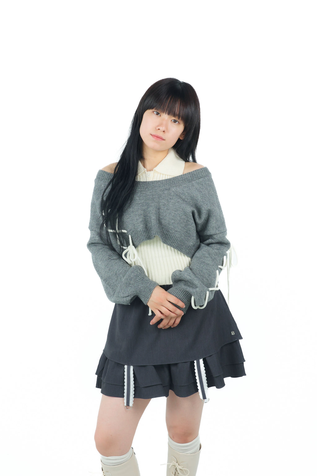 laceup ribbon knitset(gray)