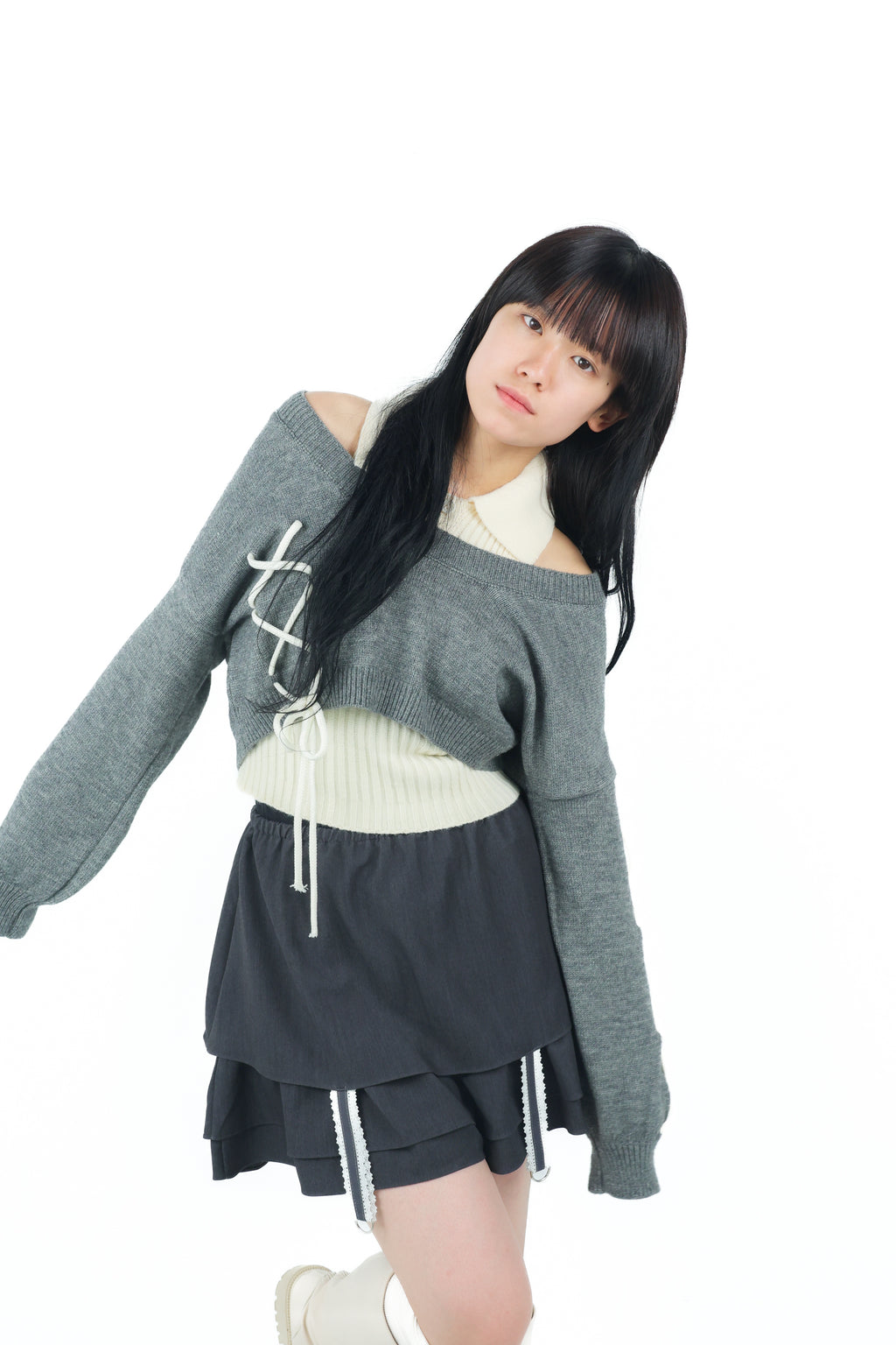 laceup ribbon knitset(gray)