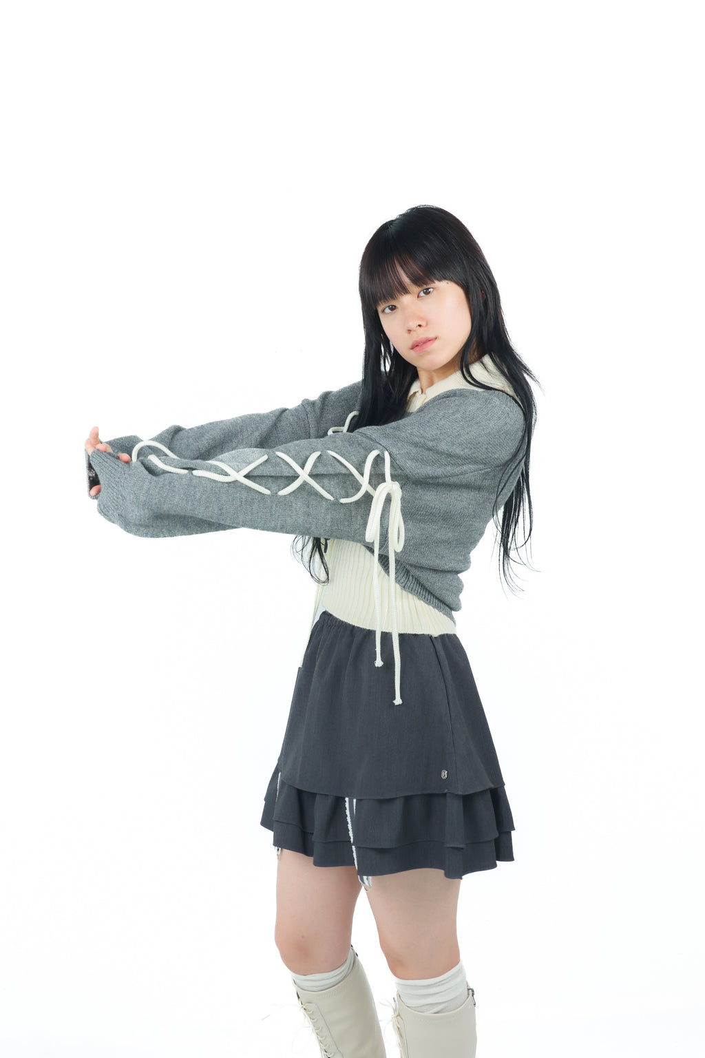 laceup ribbon knitset(gray)
