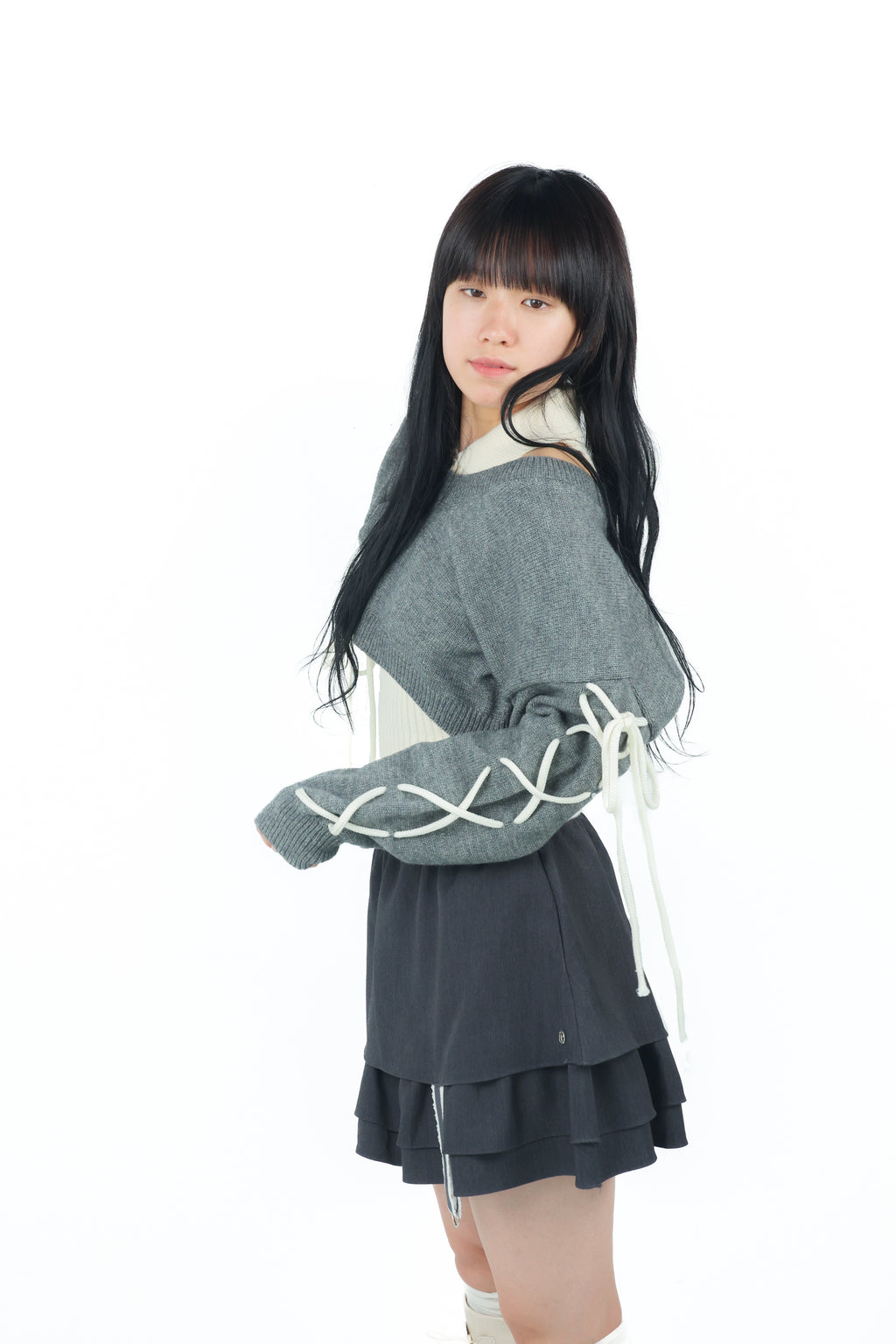 laceup ribbon knitset(gray)