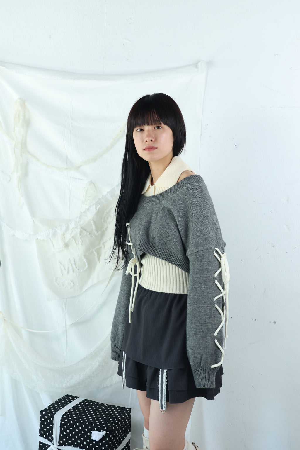 laceup ribbon knitset(gray)