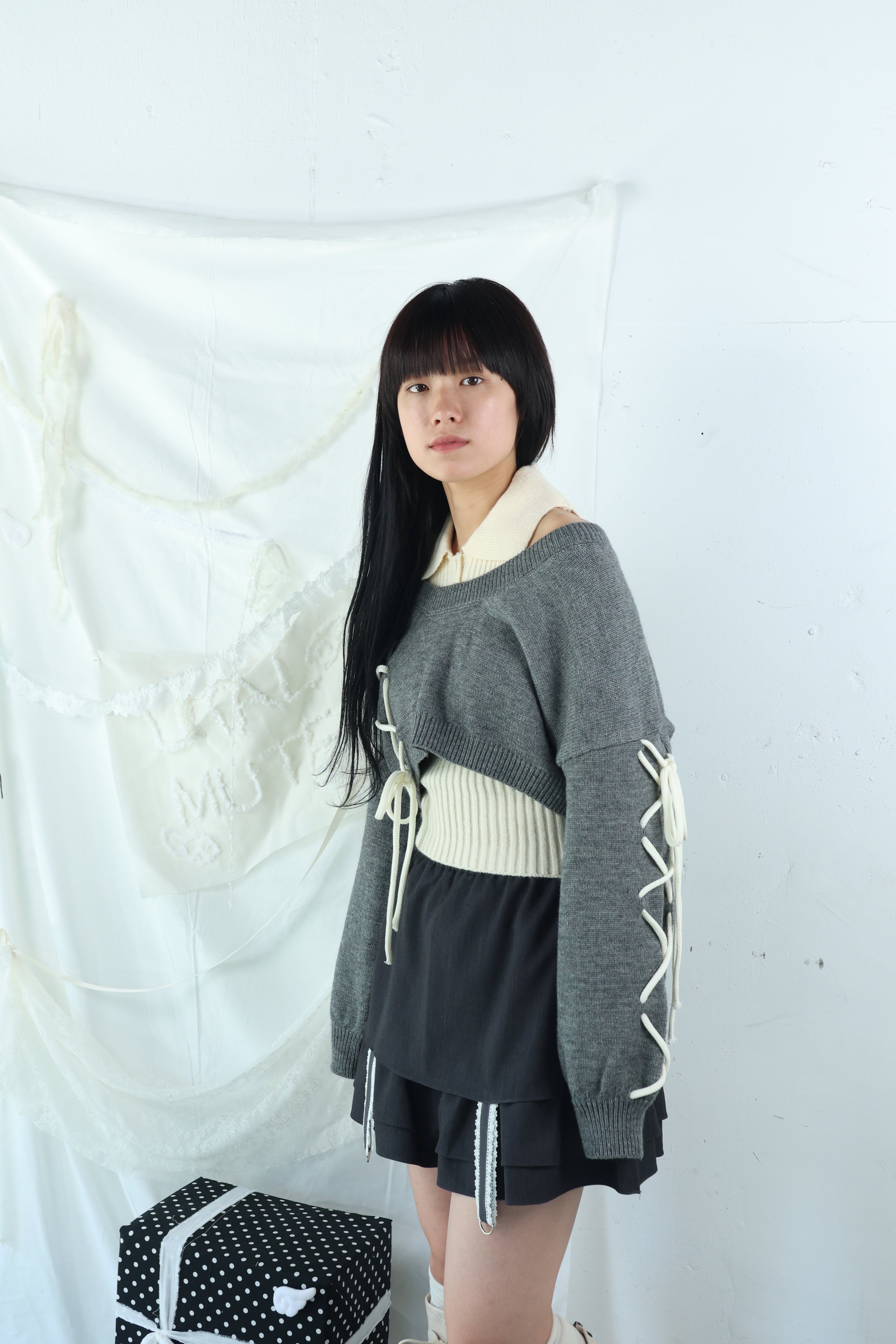 laceup ribbon knitset(gray)