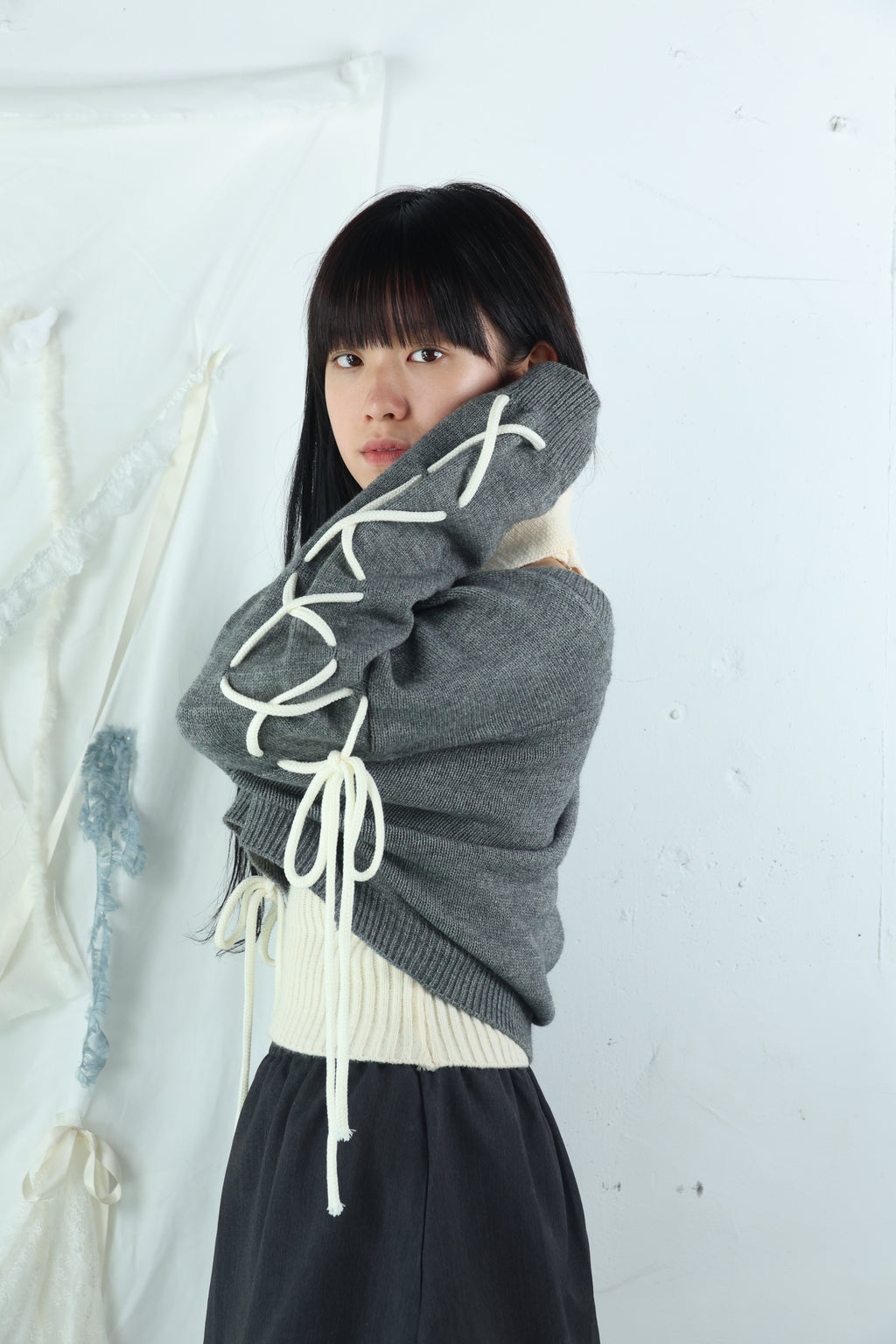 laceup ribbon knitset(gray)