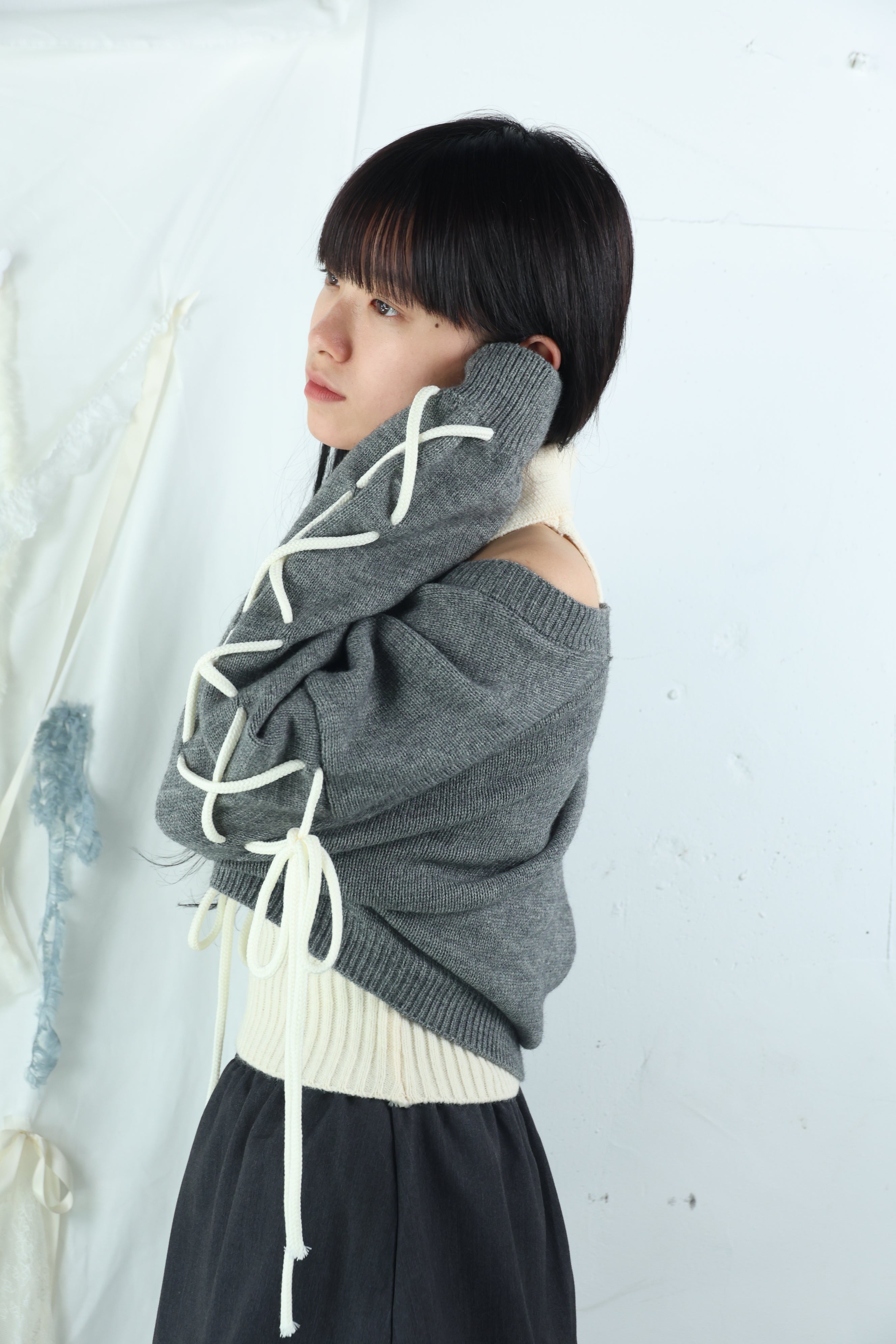 laceup ribbon knitset(gray)