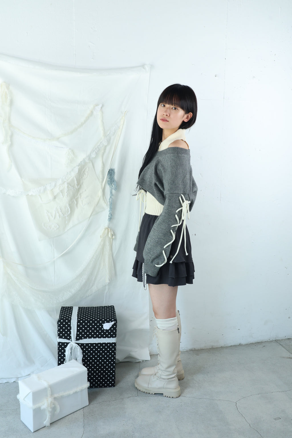 laceup ribbon knitset(gray)