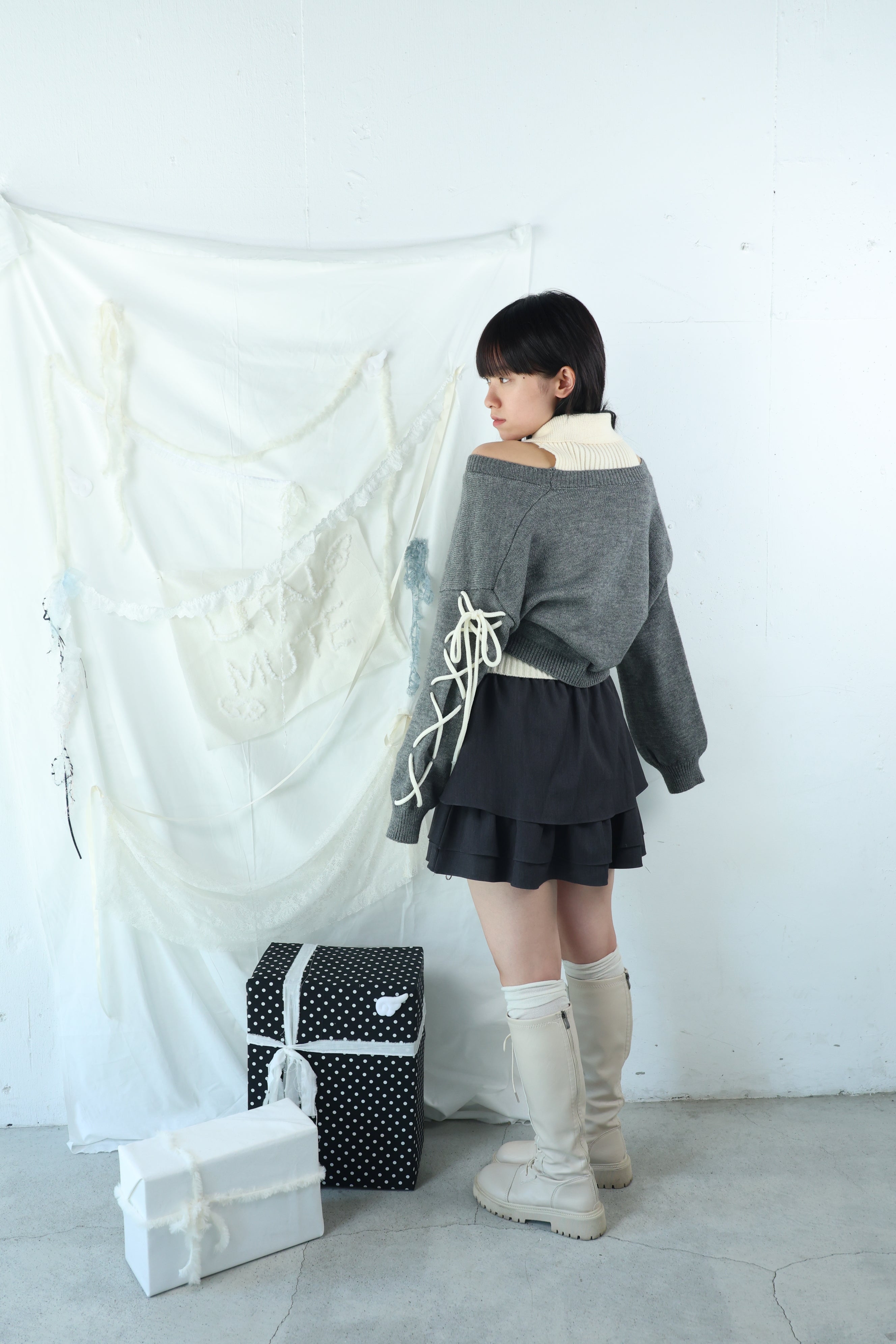 laceup ribbon knitset(gray)
