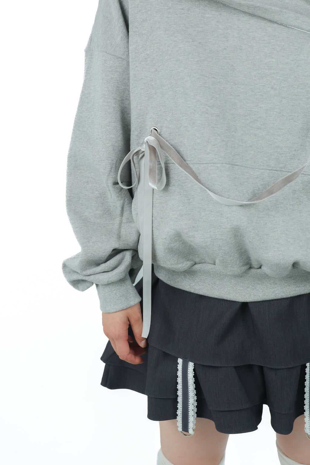 offshoulder ribbon hoodie(gray)