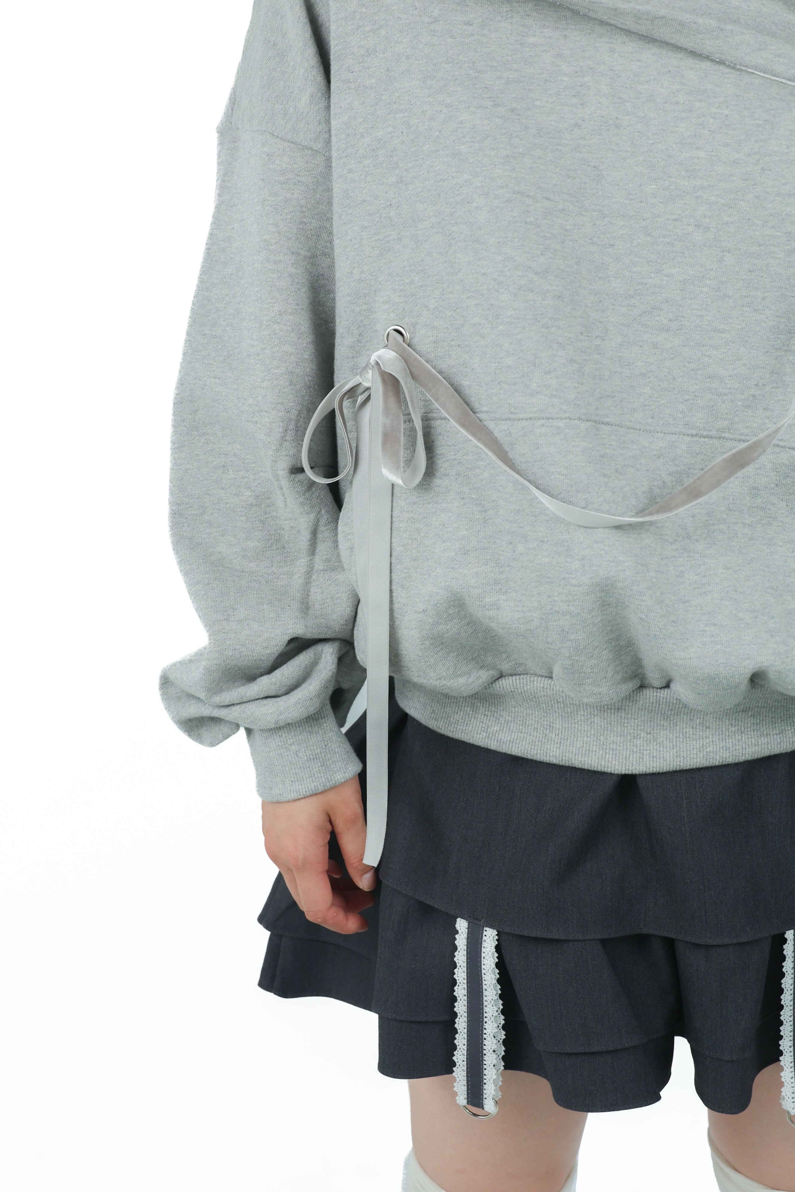 offshoulder ribbon hoodie(gray)